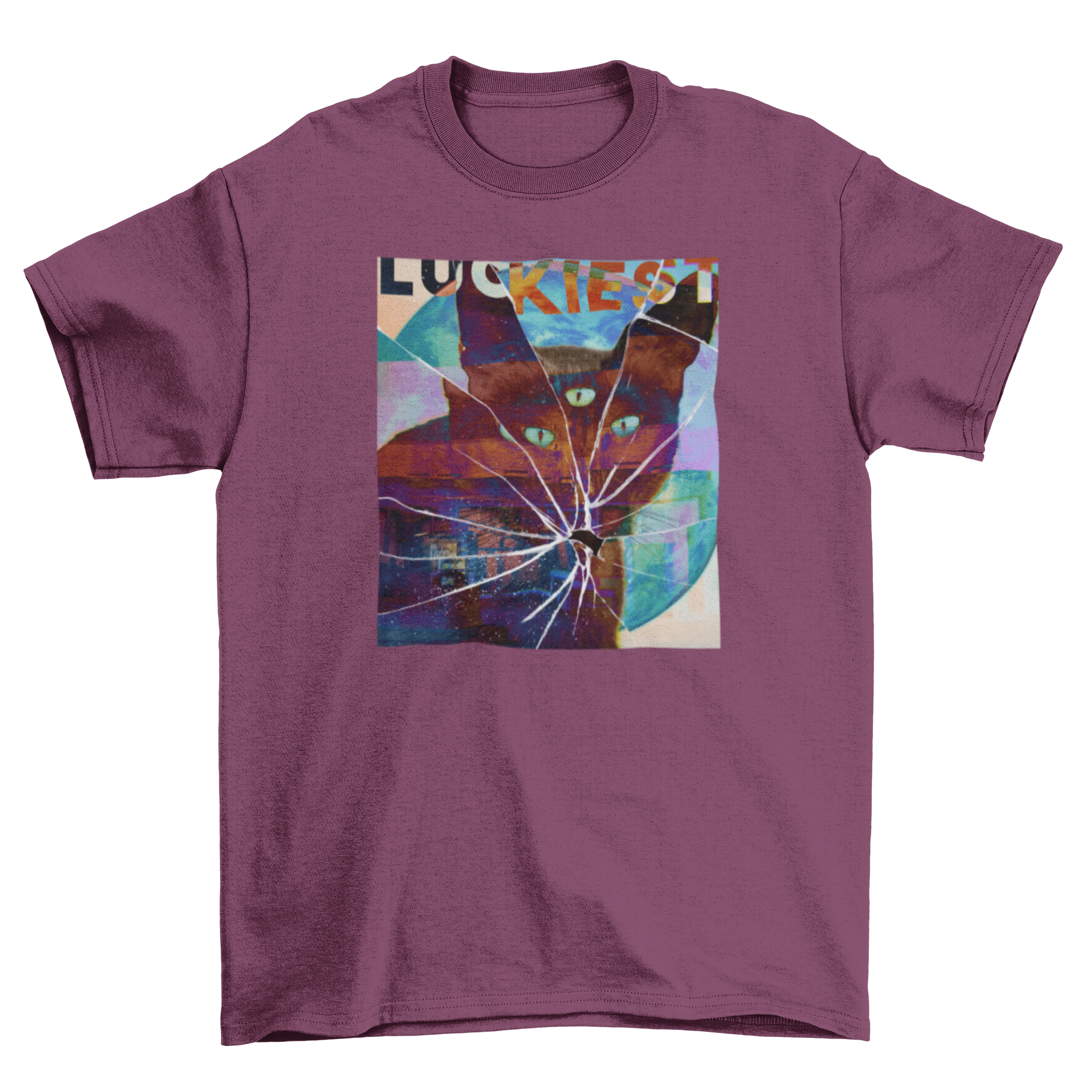 A stylish PSD t-shirt design featuring a mystical cat with a third eye, surrounded by a broken glass effect and the quote 'Luckiest'.