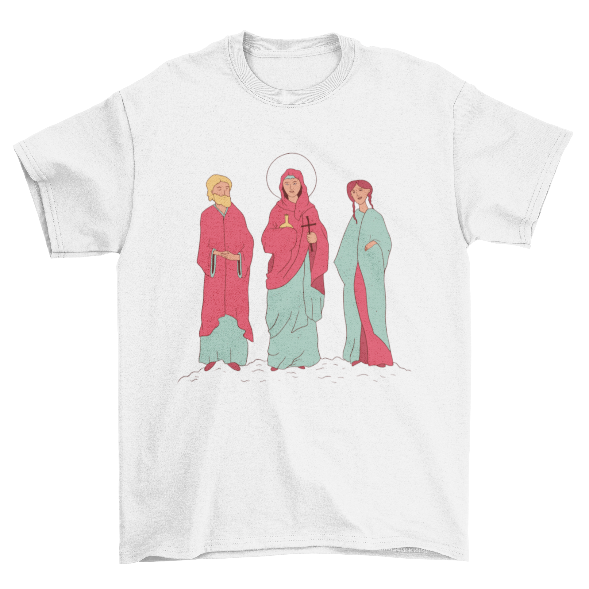 A stylish Catholic saints t-shirt featuring an illustration of three saints, perfect for expressing faith.