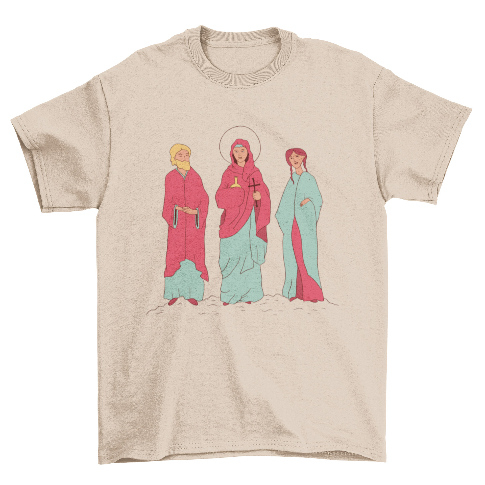 A stylish Catholic saints t-shirt featuring an illustration of three saints, perfect for expressing faith.