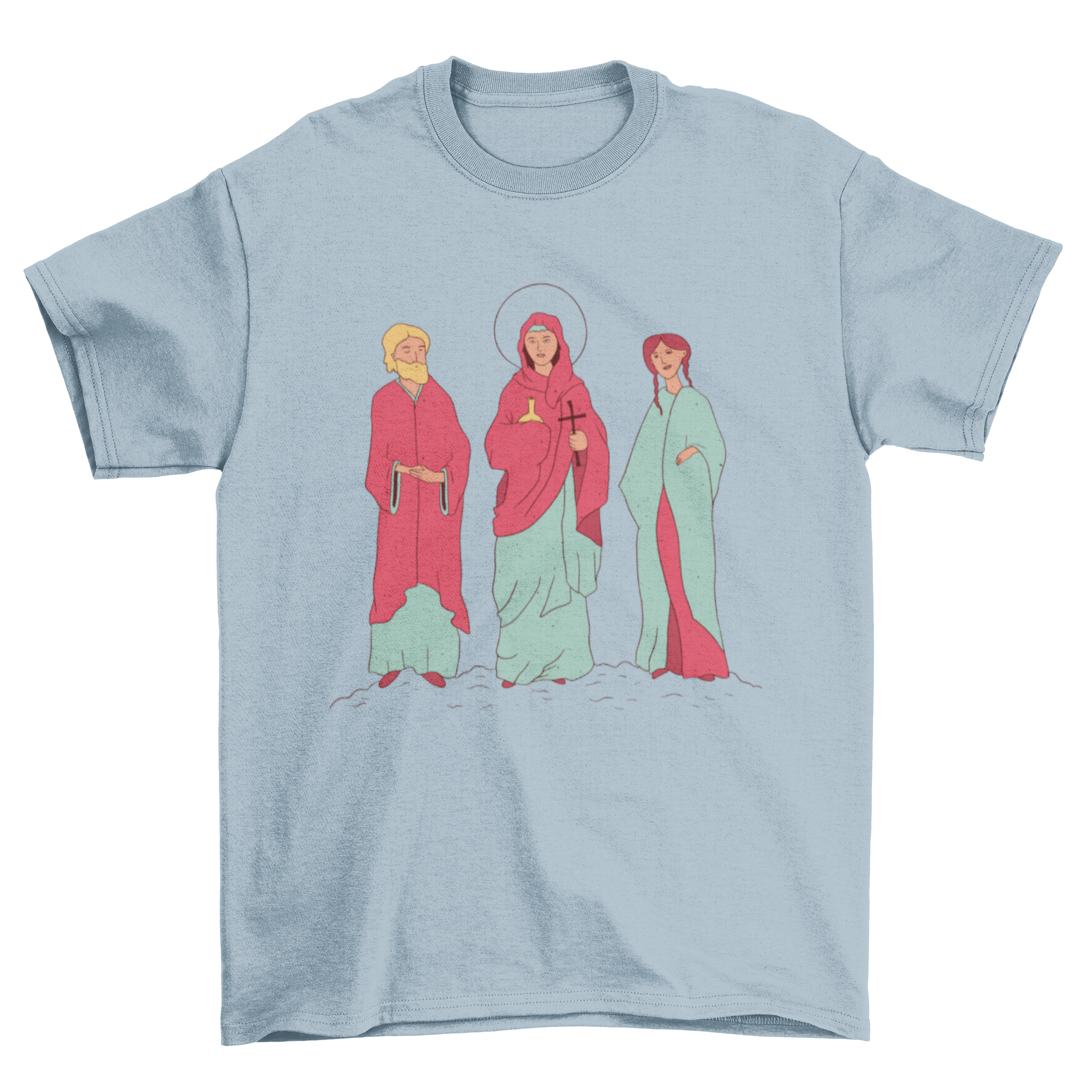 A stylish Catholic saints t-shirt featuring an illustration of three saints, perfect for expressing faith.