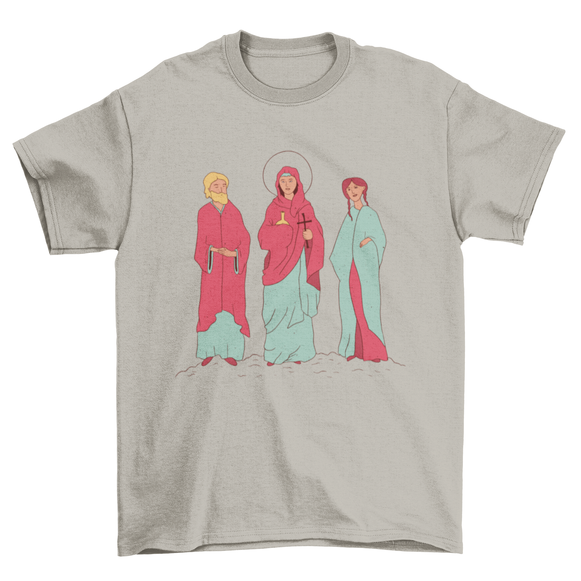A stylish Catholic saints t-shirt featuring an illustration of three saints, perfect for expressing faith.