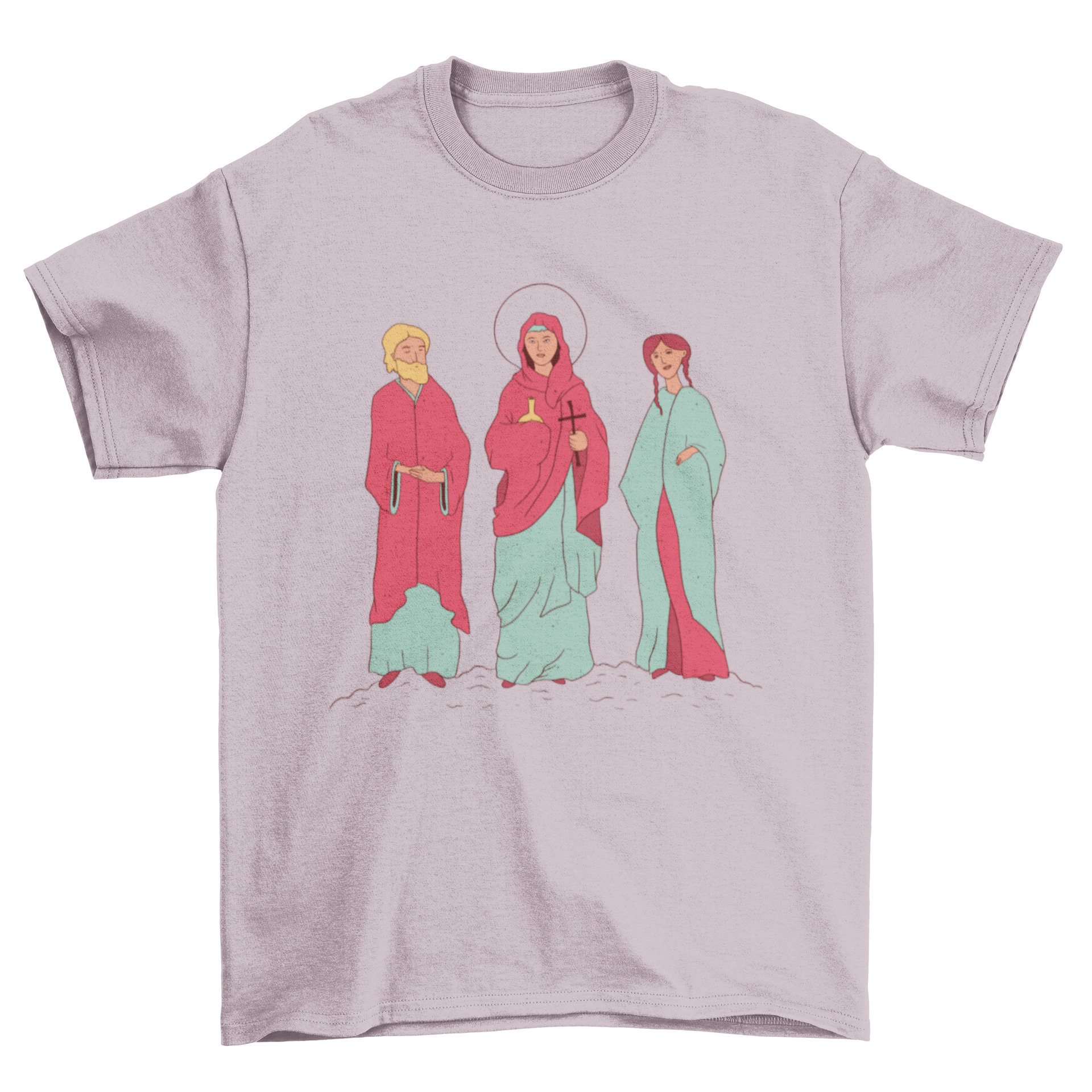 A stylish Catholic saints t-shirt featuring an illustration of three saints, perfect for expressing faith.