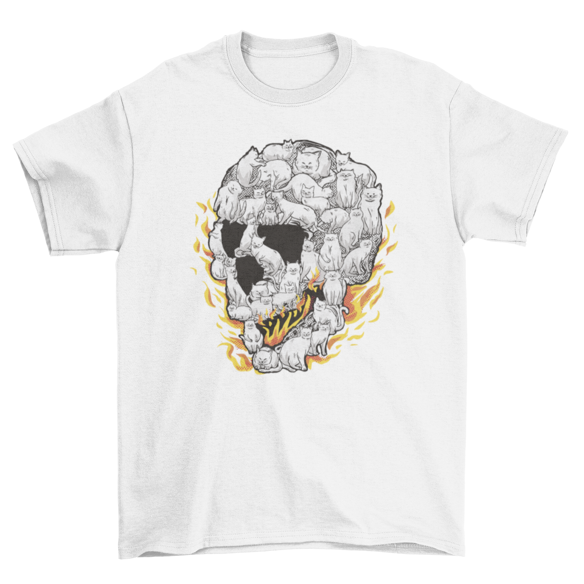 A vibrant t-shirt featuring a group of cats arranged in a fiery skull shape, showcasing intricate details and colors.