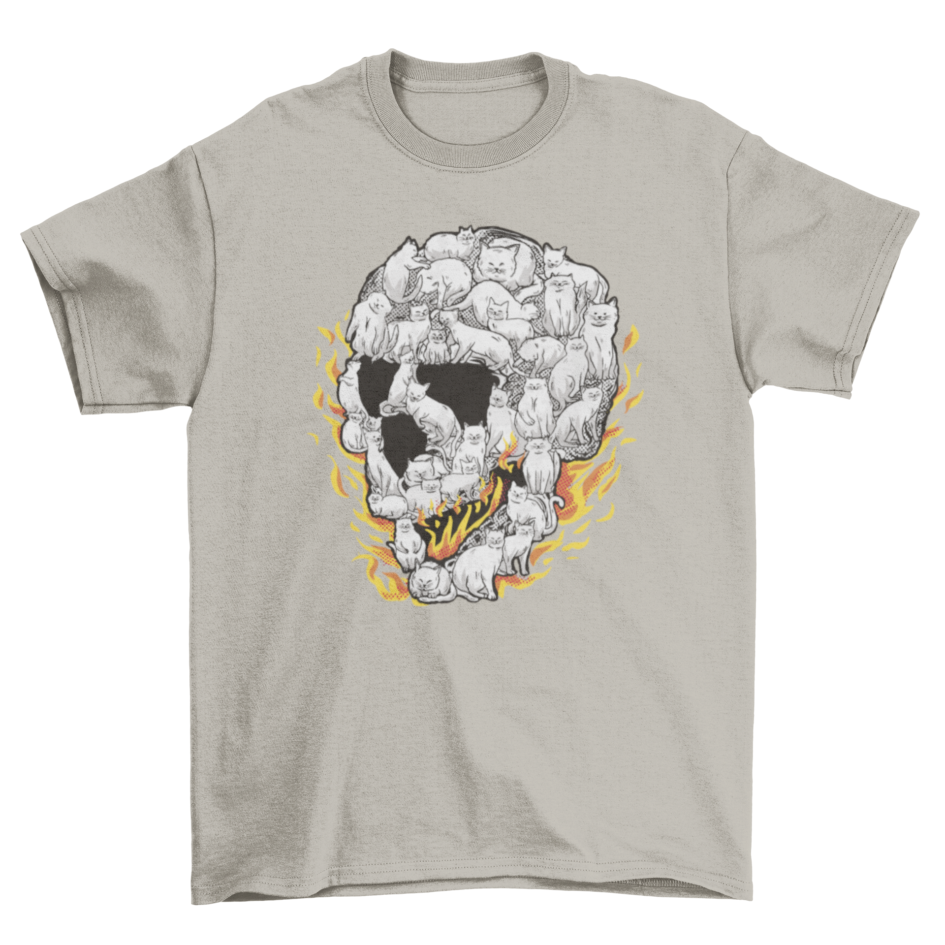 A vibrant t-shirt featuring a group of cats arranged in a fiery skull shape, showcasing intricate details and colors.