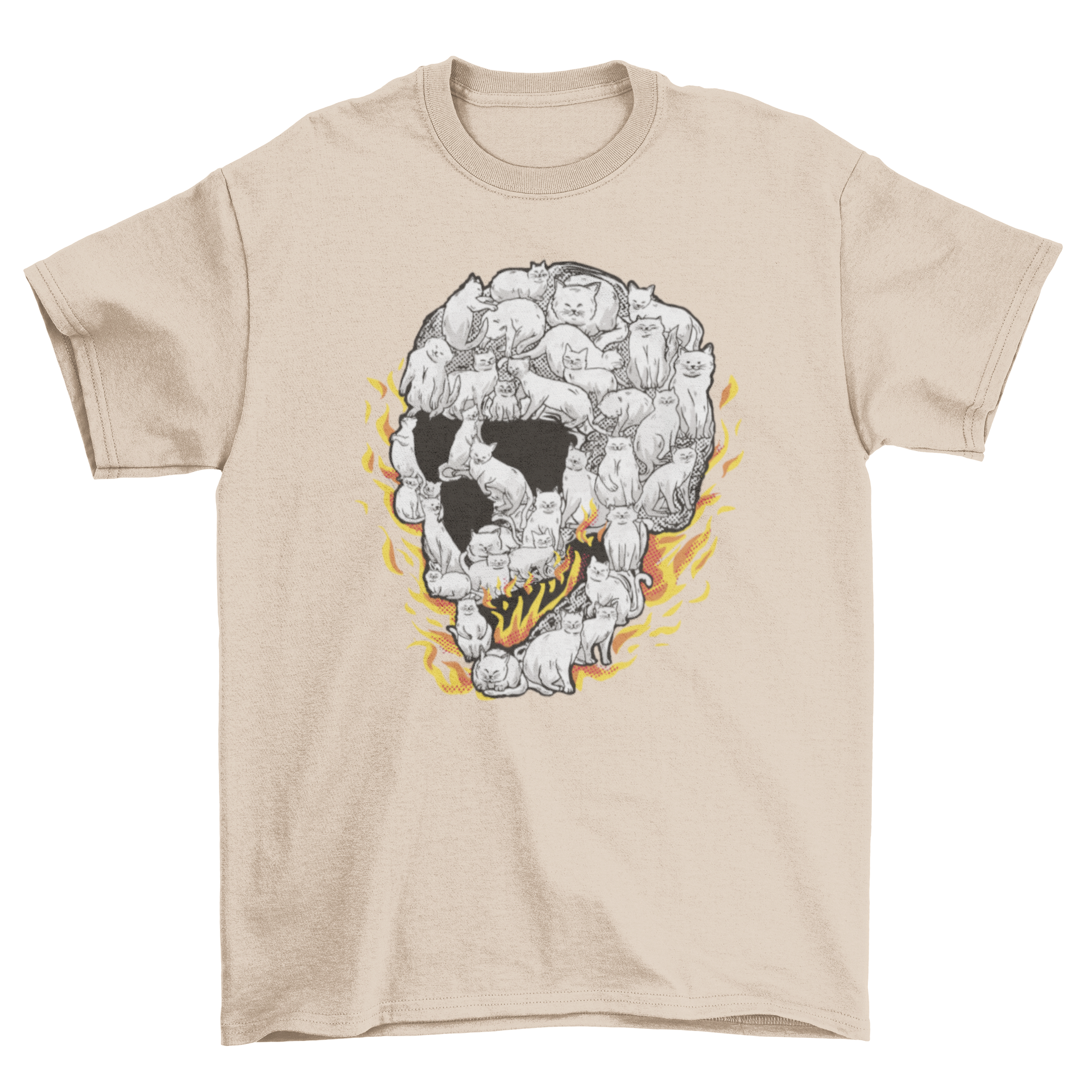 A vibrant t-shirt featuring a group of cats arranged in a fiery skull shape, showcasing intricate details and colors.