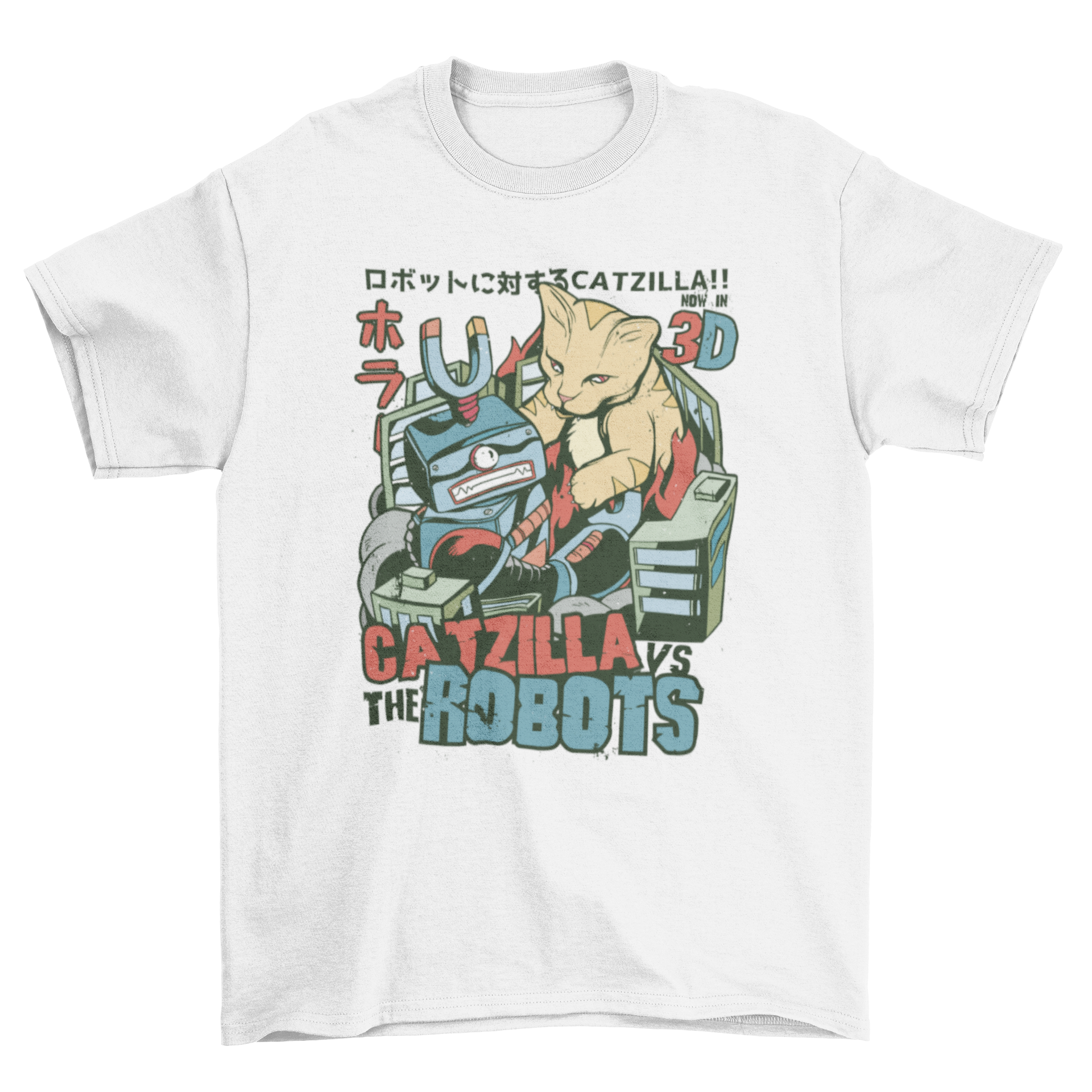 Catzilla vs Robots t-shirt featuring a cat battling a robot with a colorful movie-poster design.