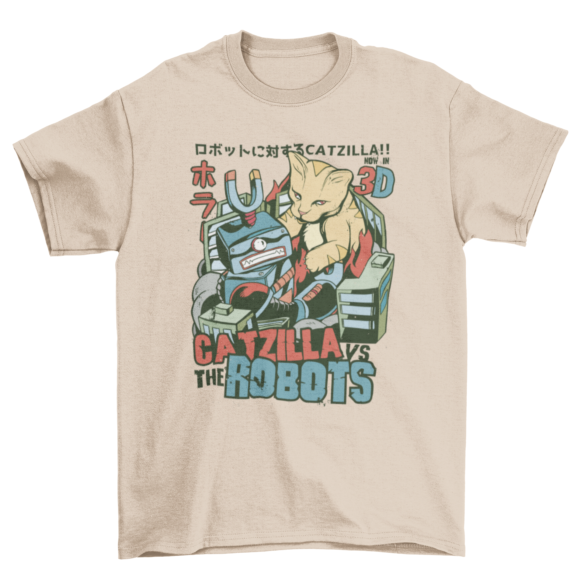 Catzilla vs Robots t-shirt featuring a cat battling a robot with a colorful movie-poster design.