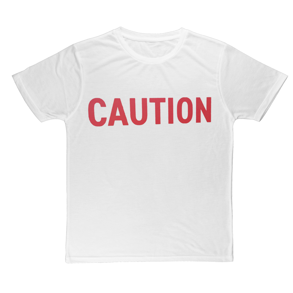 Caution Classic Sublimation Adult T-Shirt in various colors, showcasing its soft polyester fabric and vibrant sublimation printing potential.
