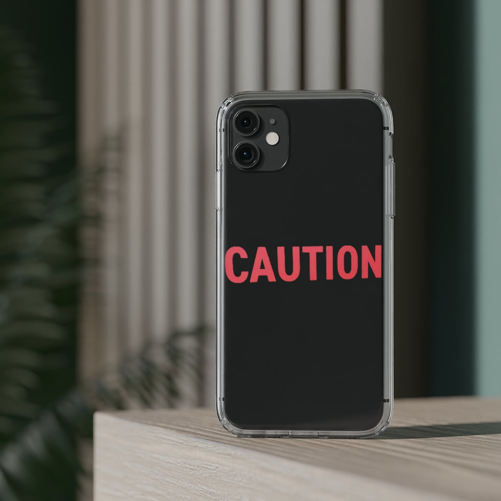 Caution Clear Case showcasing a crystal clear design with cushioned TPU edges, protecting a smartphone.