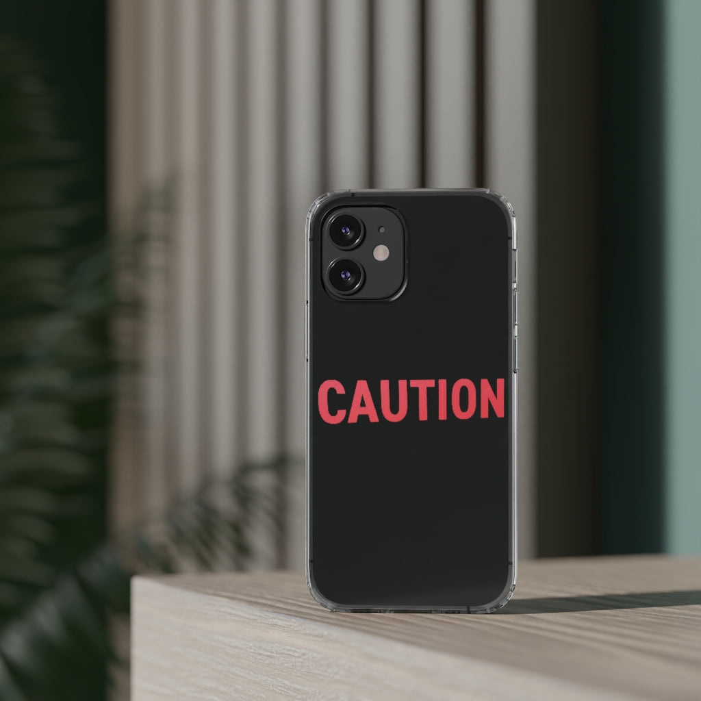 Caution Clear Case showcasing a crystal clear design with cushioned TPU edges, protecting a smartphone.