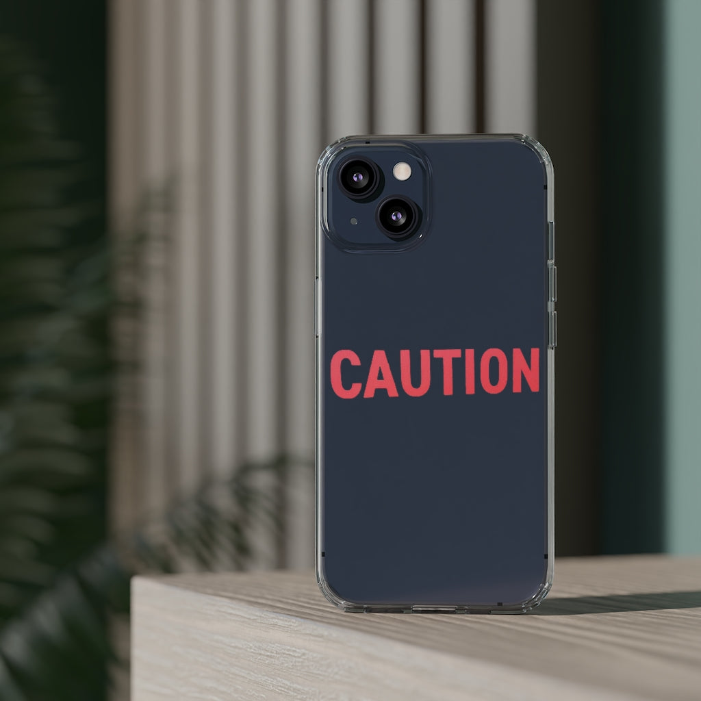 Caution Clear Case showcasing a crystal clear design with cushioned TPU edges, protecting a smartphone.