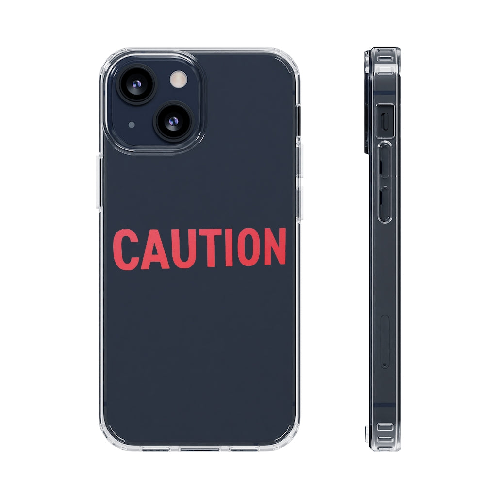 Caution Clear Case showcasing a crystal clear design with cushioned TPU edges, protecting a smartphone.