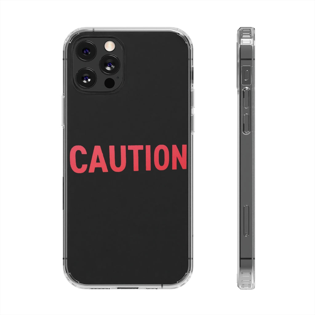 Caution Clear Case showcasing a crystal clear design with cushioned TPU edges, protecting a smartphone.