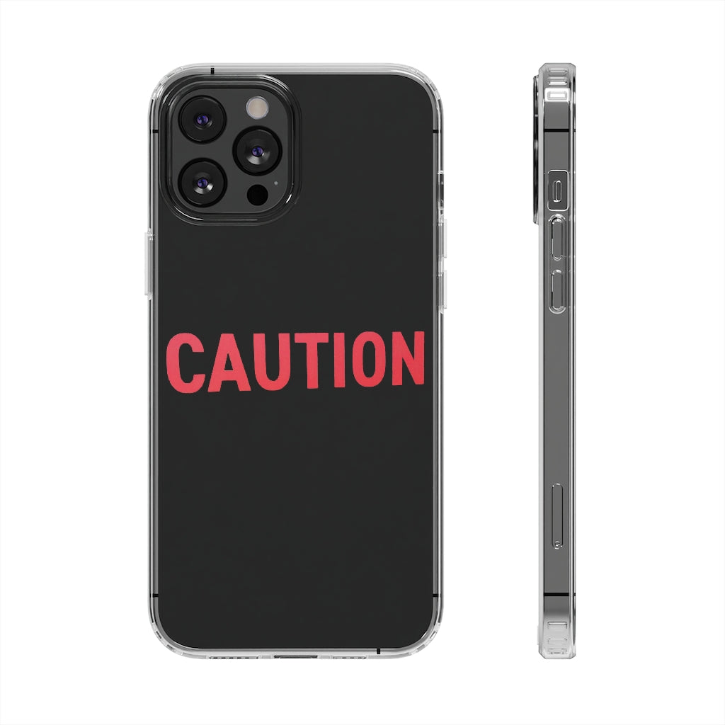 Caution Clear Case showcasing a crystal clear design with cushioned TPU edges, protecting a smartphone.