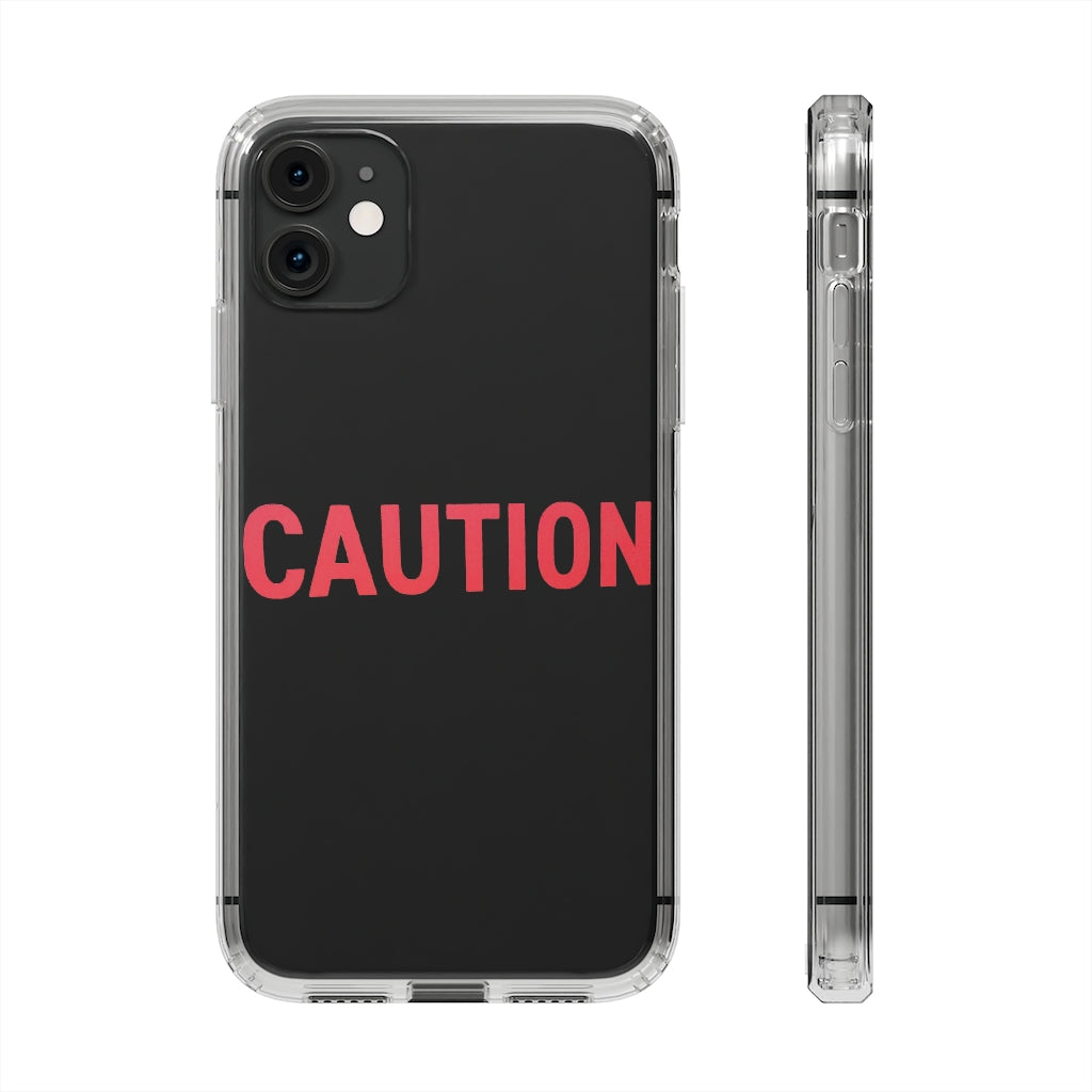 Caution Clear Case showcasing a crystal clear design with cushioned TPU edges, protecting a smartphone.