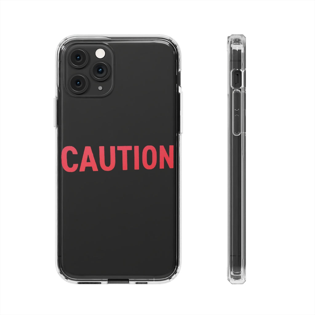 Caution Clear Case showcasing a crystal clear design with cushioned TPU edges, protecting a smartphone.