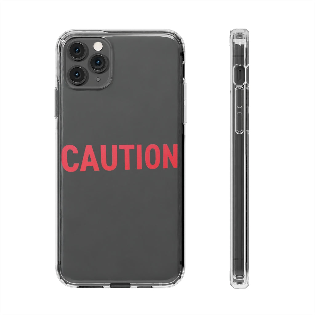 Caution Clear Case showcasing a crystal clear design with cushioned TPU edges, protecting a smartphone.