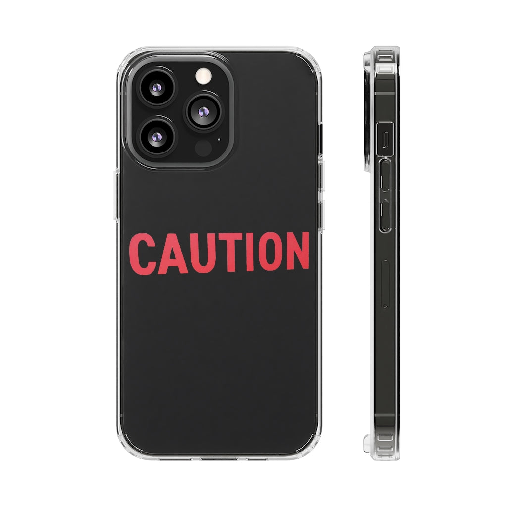 Caution Clear Case showcasing a crystal clear design with cushioned TPU edges, protecting a smartphone.