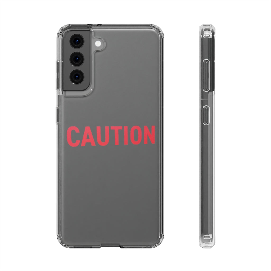 Caution Clear Case showcasing a crystal clear design with cushioned TPU edges, protecting a smartphone.