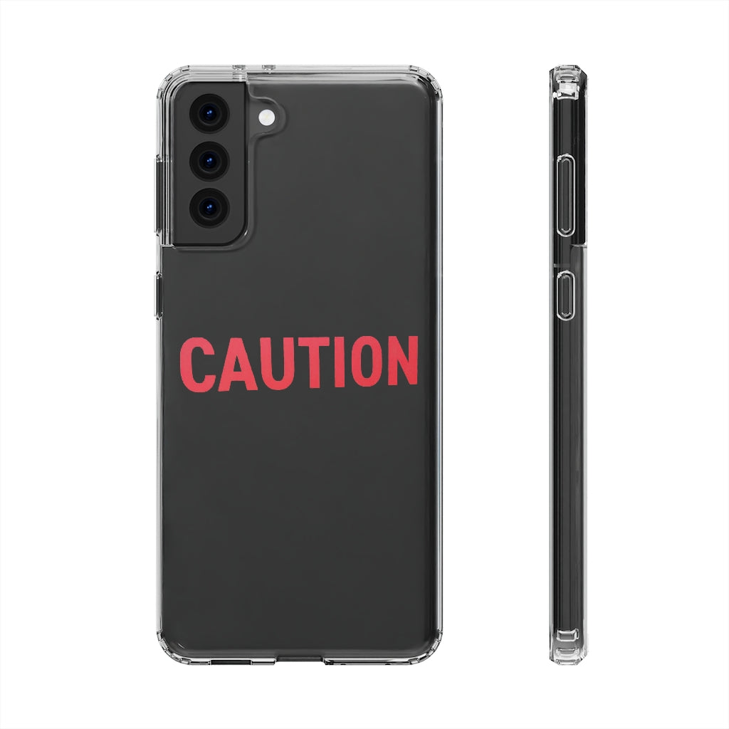 Caution Clear Case showcasing a crystal clear design with cushioned TPU edges, protecting a smartphone.