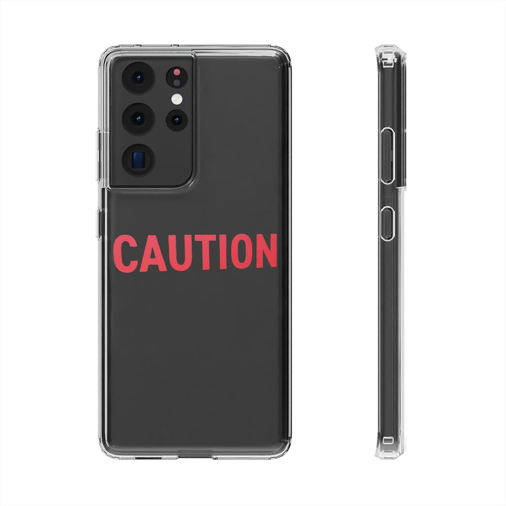 Caution Clear Case showcasing a crystal clear design with cushioned TPU edges, protecting a smartphone.