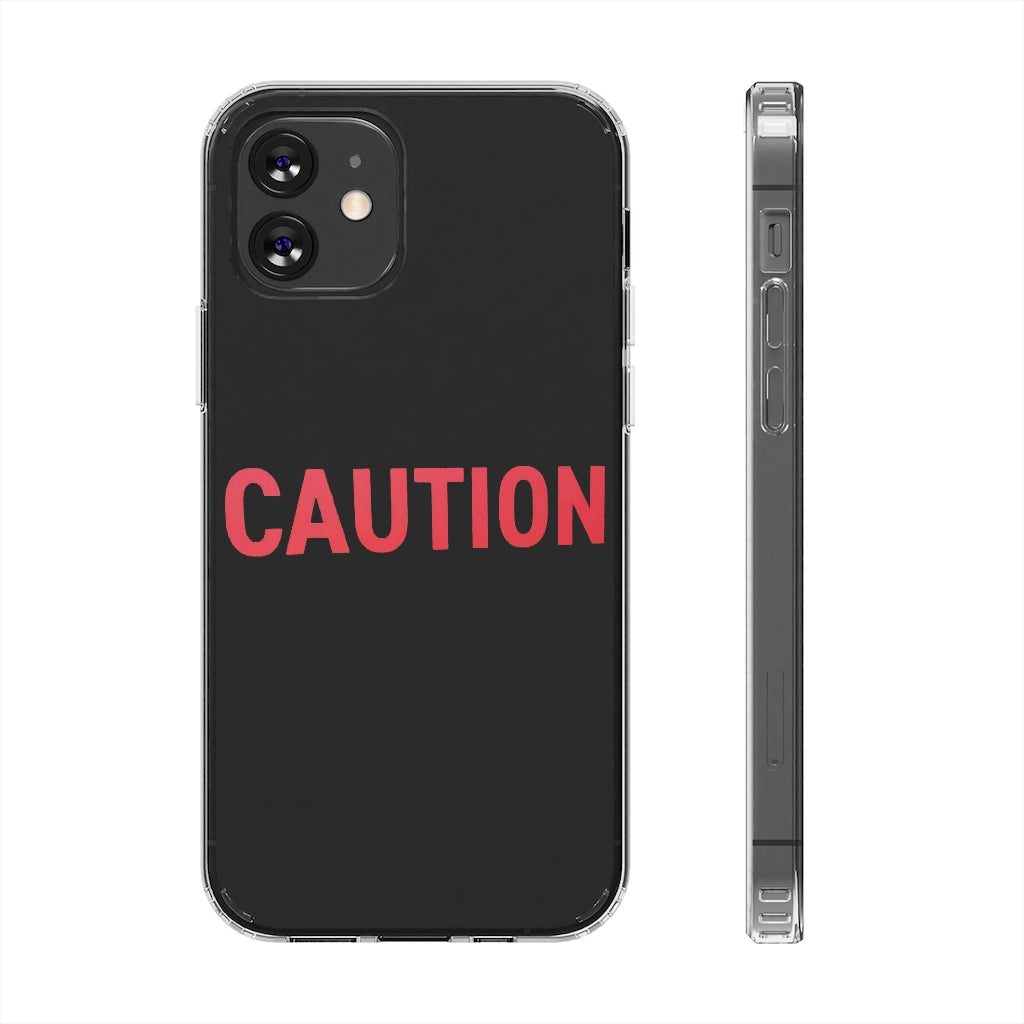 Caution Clear Case showcasing a crystal clear design with cushioned TPU edges, protecting a smartphone.