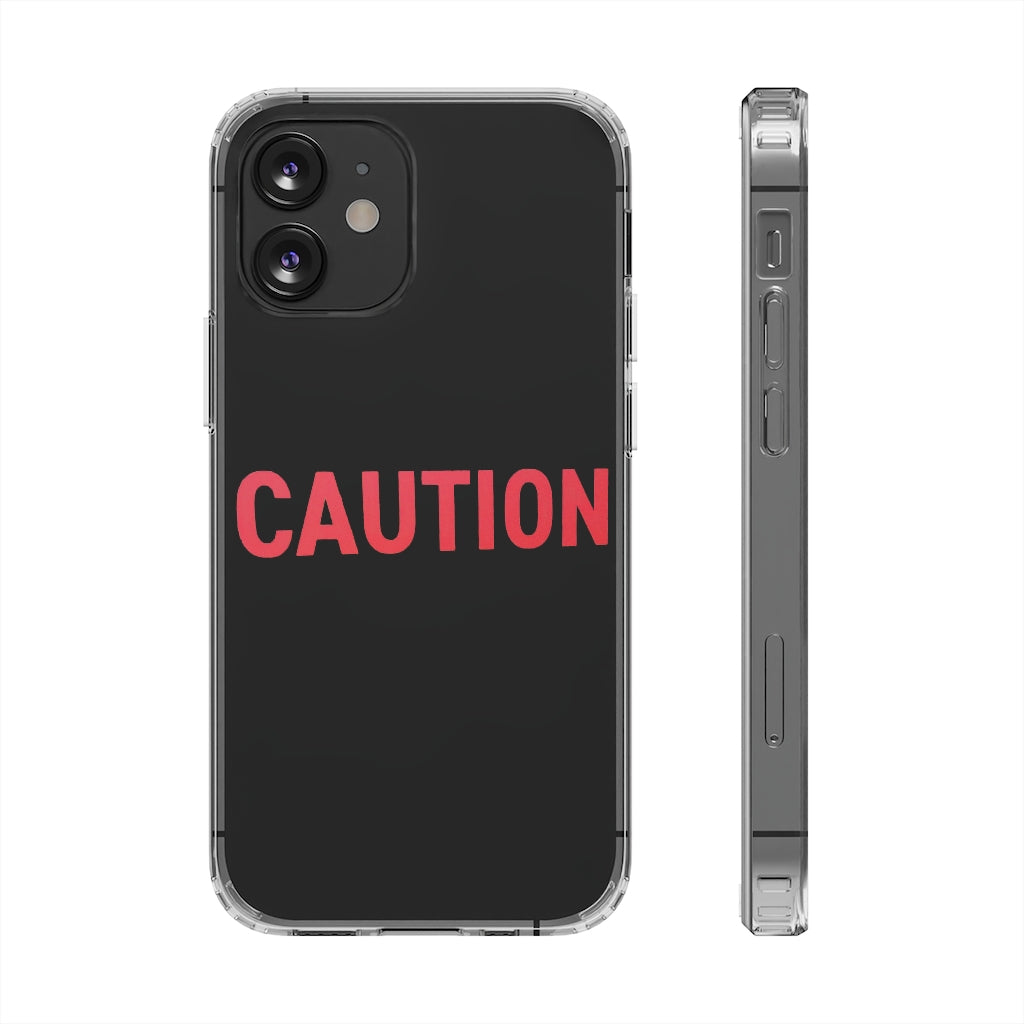 Caution Clear Case showcasing a crystal clear design with cushioned TPU edges, protecting a smartphone.