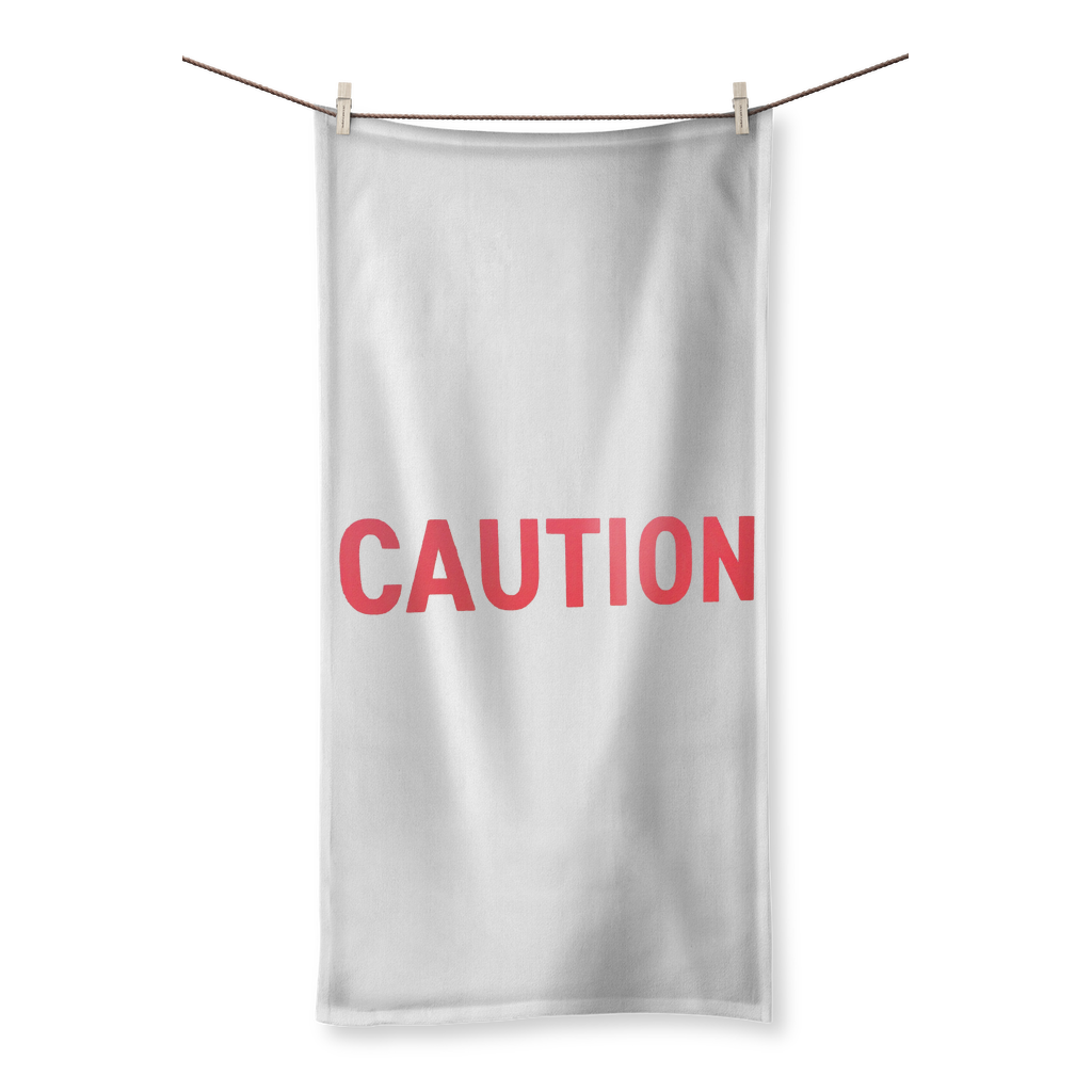 Caution Sublimation All Over Towel showcasing vibrant sublimation print on one side and soft cotton backing on the other, available in various sizes.