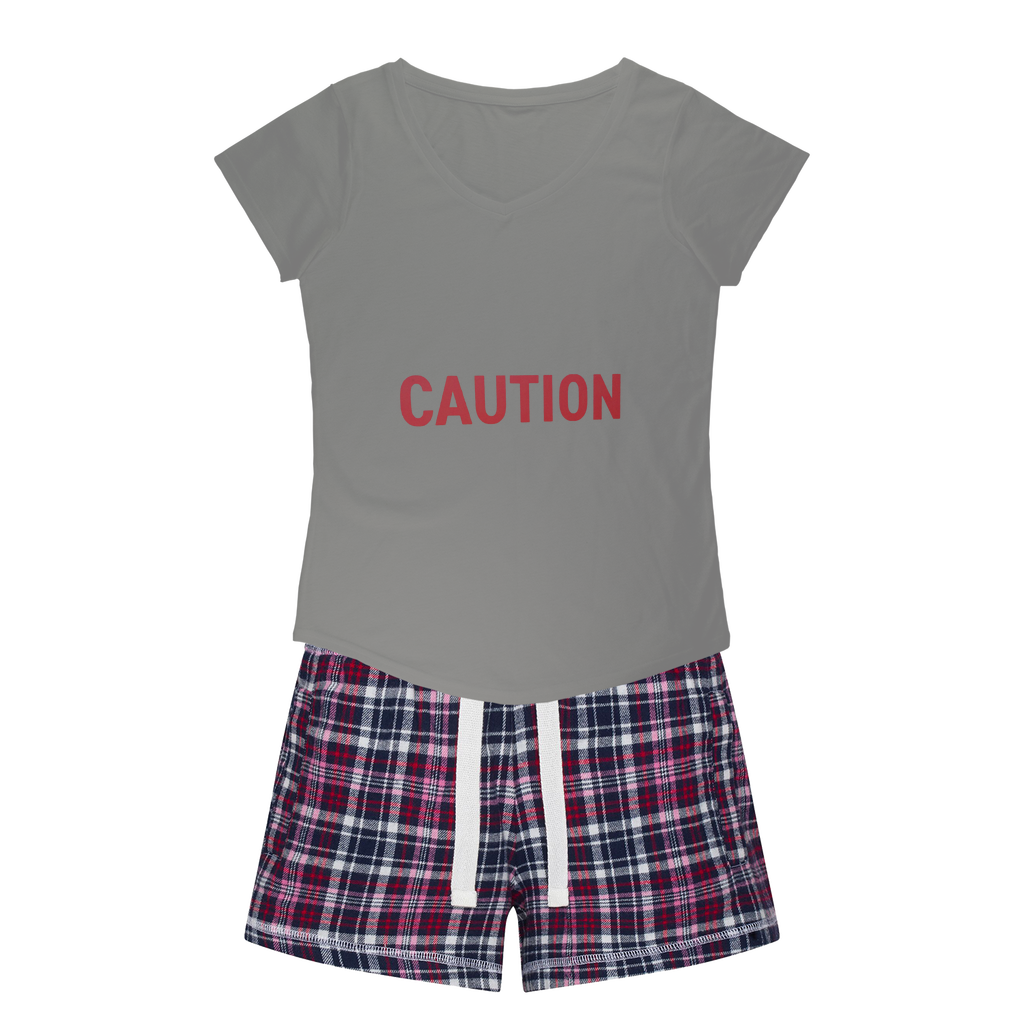 Caution Women's Sleepy Tee and Flannel Short set featuring a relaxed fit T-shirt and colorful flannel shorts, perfect for cozy nights.