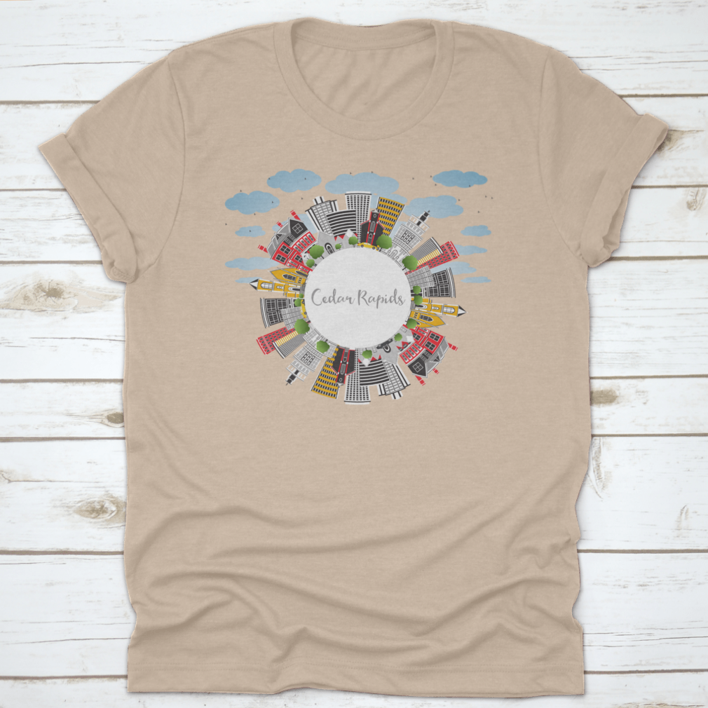 Cedar Rapids Iowa City Skyline t-shirt featuring colorful buildings against a blue sky, showcasing a vibrant design.