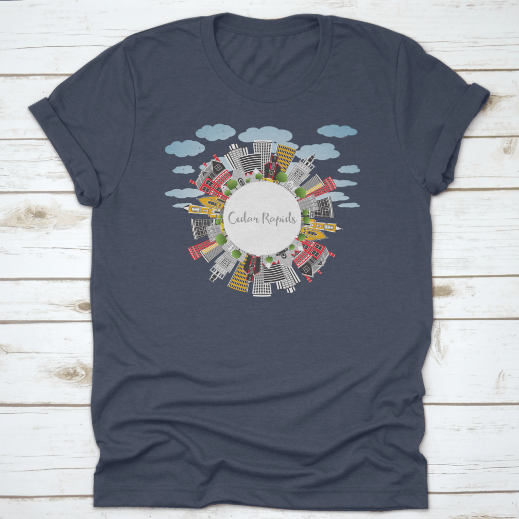 Cedar Rapids Iowa City Skyline t-shirt featuring colorful buildings against a blue sky, showcasing a vibrant design.