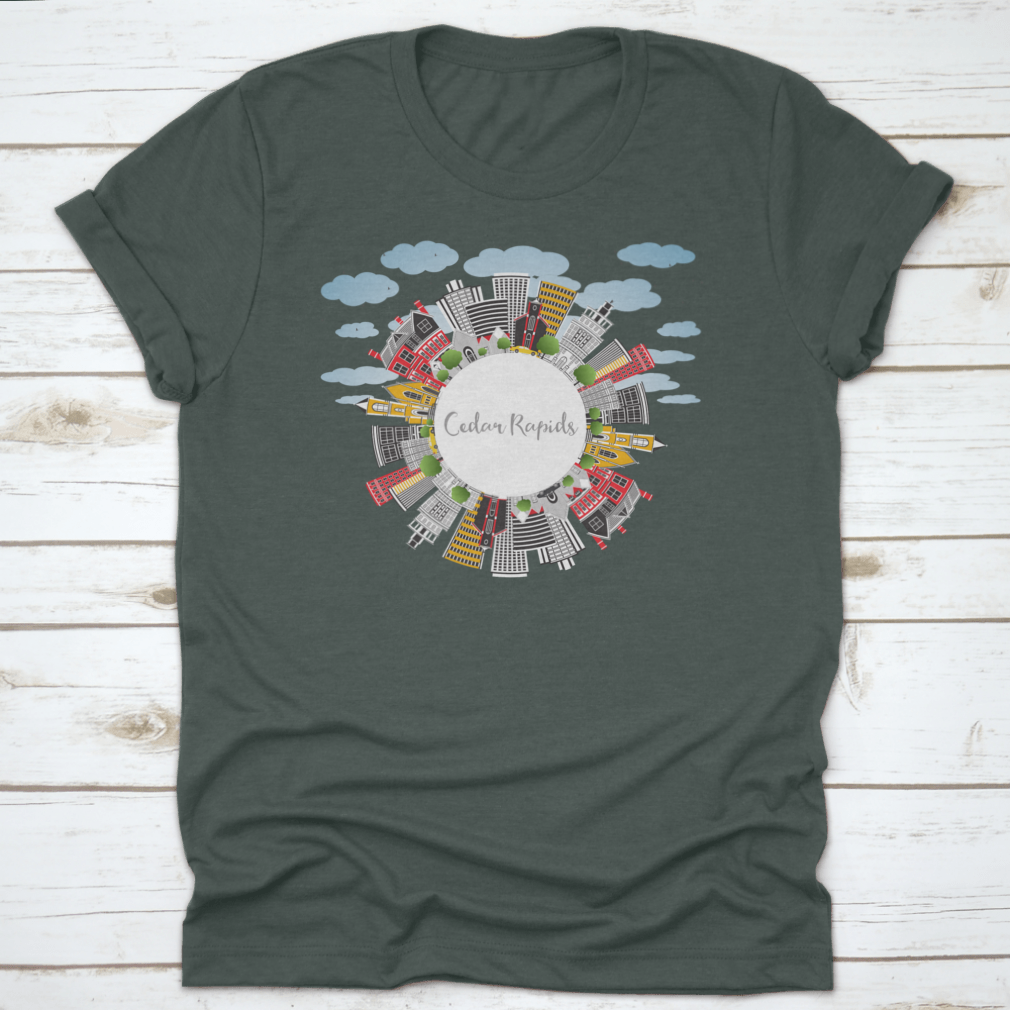 Cedar Rapids Iowa City Skyline t-shirt featuring colorful buildings against a blue sky, showcasing a vibrant design.