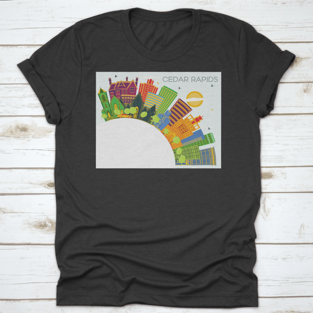 Cedar Rapids Iowa City Skyline T-shirt featuring colorful buildings against a blue sky.