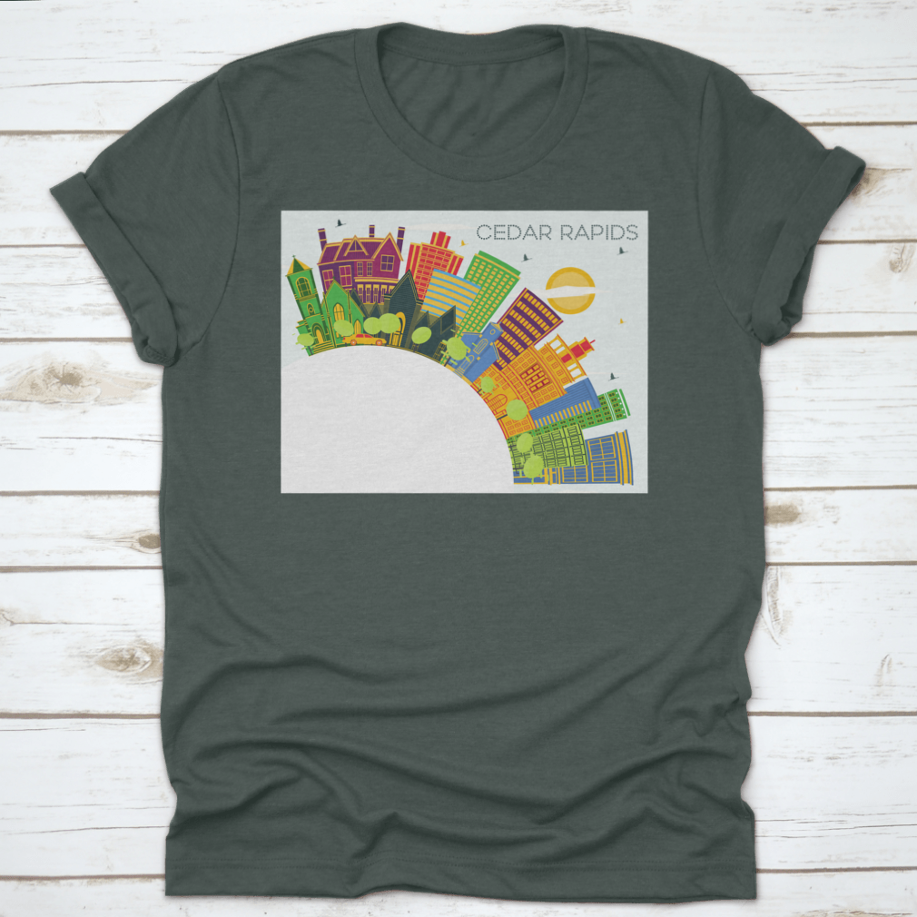 Cedar Rapids Iowa City Skyline T-shirt featuring colorful buildings against a blue sky.