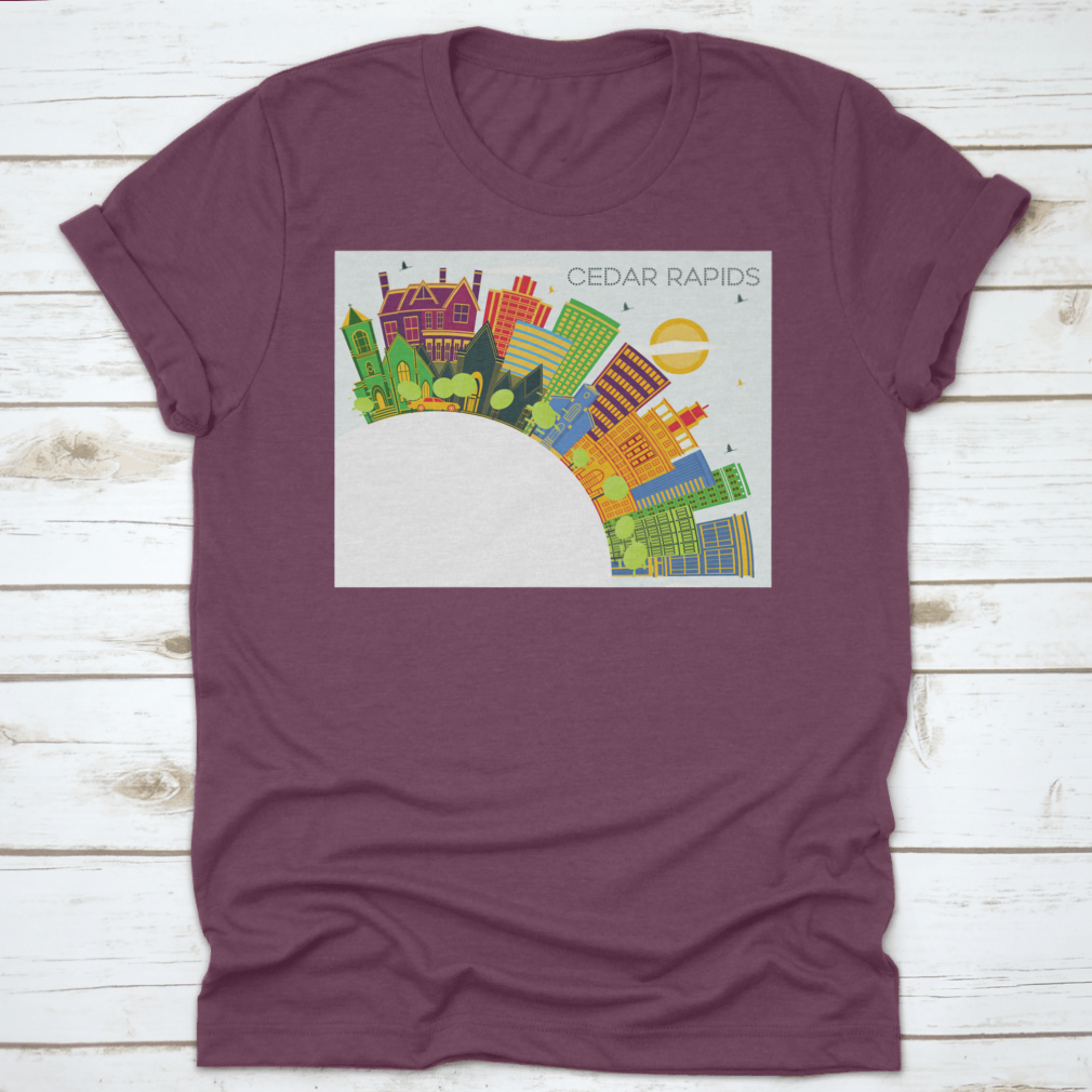 Cedar Rapids Iowa City Skyline T-shirt featuring colorful buildings against a blue sky.