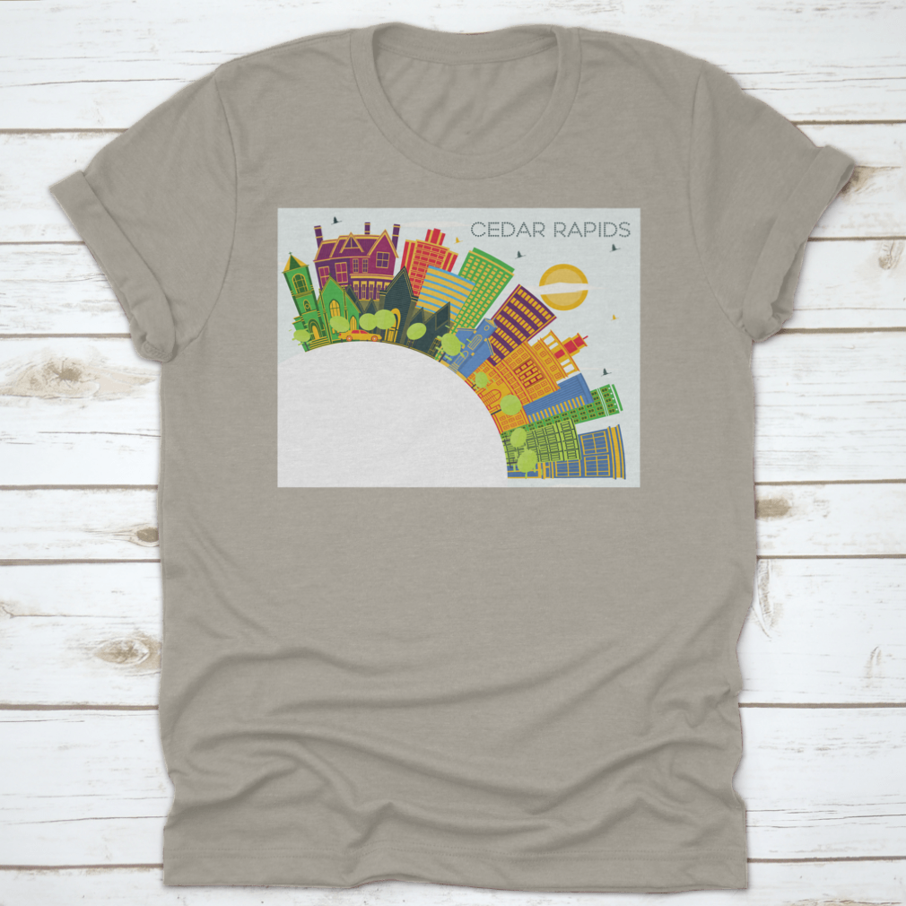 Cedar Rapids Iowa City Skyline T-shirt featuring colorful buildings against a blue sky.