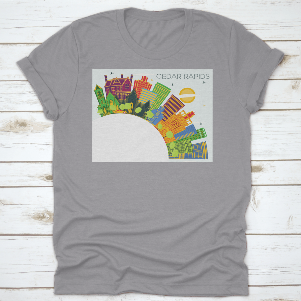 Cedar Rapids Iowa City Skyline T-shirt featuring colorful buildings against a blue sky.