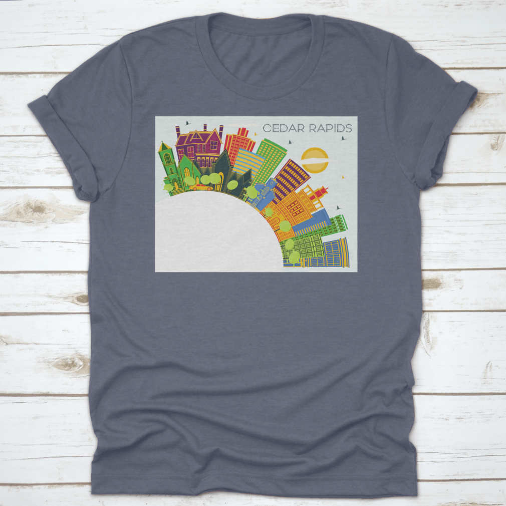 Cedar Rapids Iowa City Skyline T-shirt featuring colorful buildings against a blue sky.
