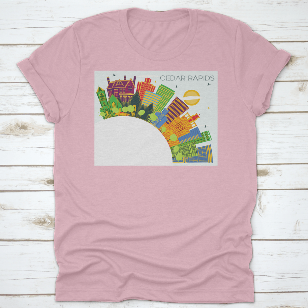Cedar Rapids Iowa City Skyline T-shirt featuring colorful buildings against a blue sky.
