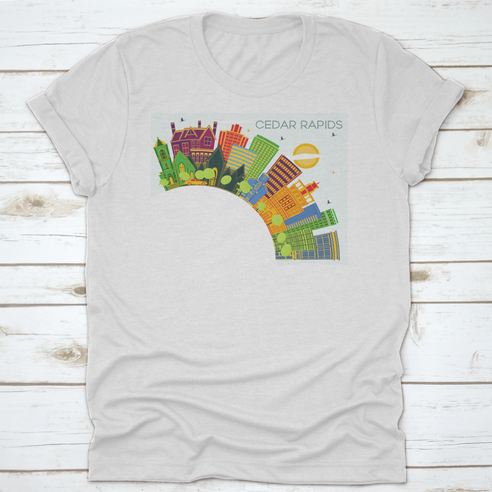 Cedar Rapids Iowa City Skyline T-shirt featuring colorful buildings against a blue sky.