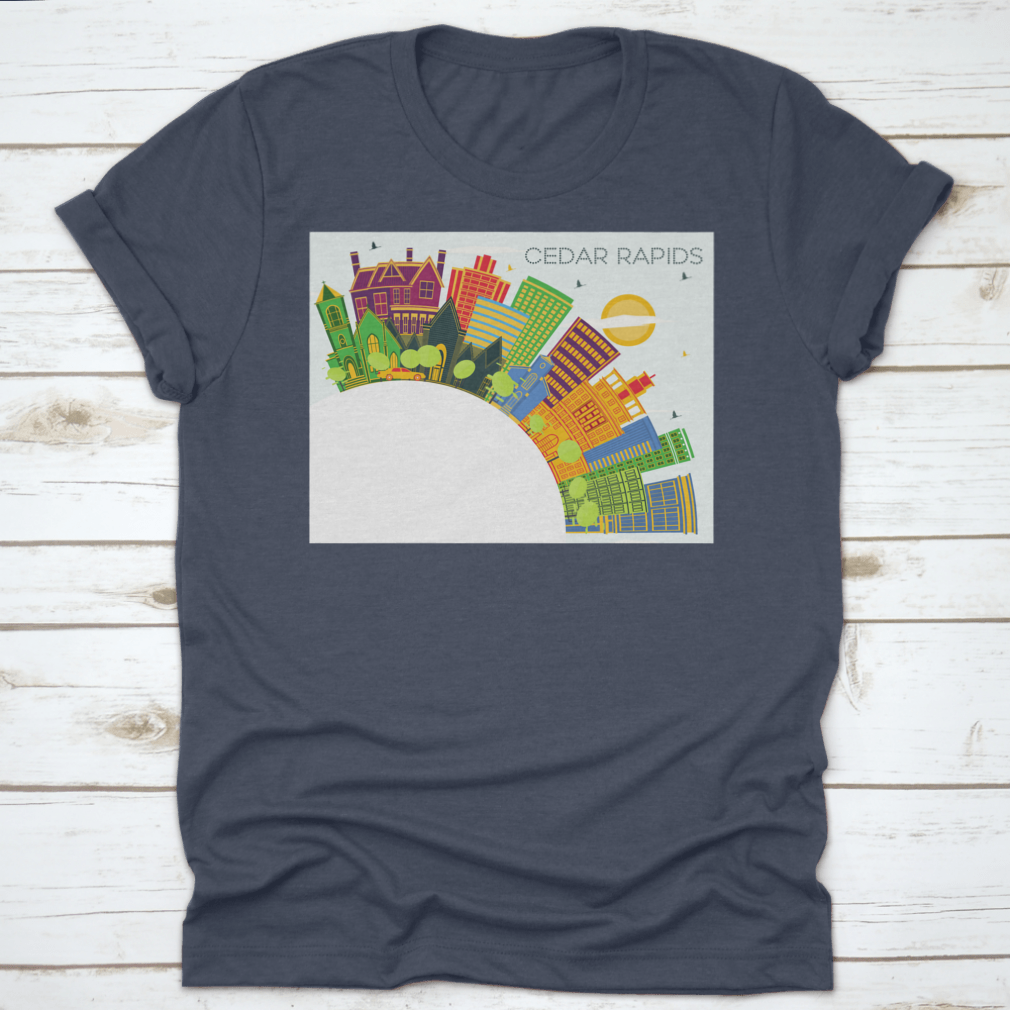 Cedar Rapids Iowa City Skyline T-shirt featuring colorful buildings against a blue sky.