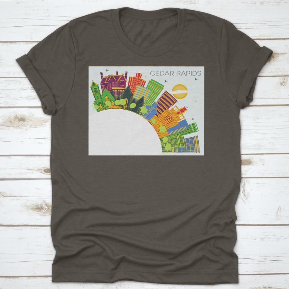 Cedar Rapids Iowa City Skyline T-shirt featuring colorful buildings against a blue sky.