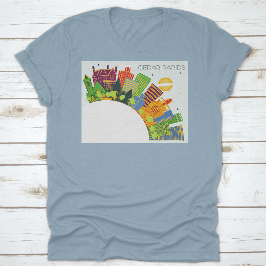 Cedar Rapids Iowa City Skyline T-shirt featuring colorful buildings against a blue sky.