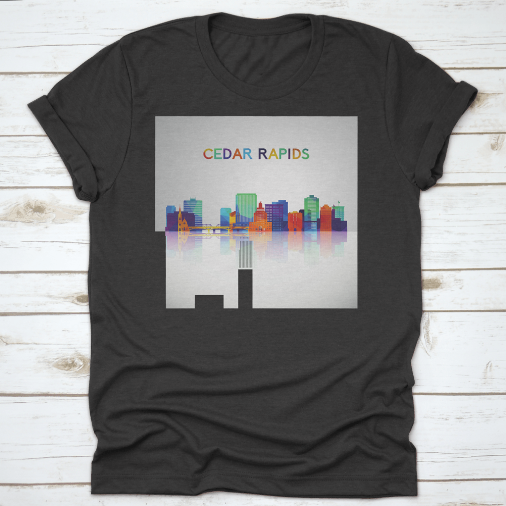 Colorful geometric style Cedar Rapids skyline silhouette on a cotton shirt, showcasing vibrant colors and modern design.