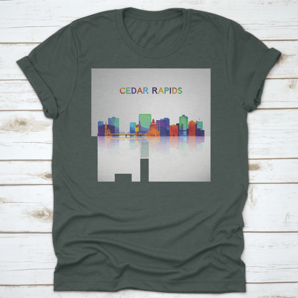 Colorful geometric style Cedar Rapids skyline silhouette on a cotton shirt, showcasing vibrant colors and modern design.