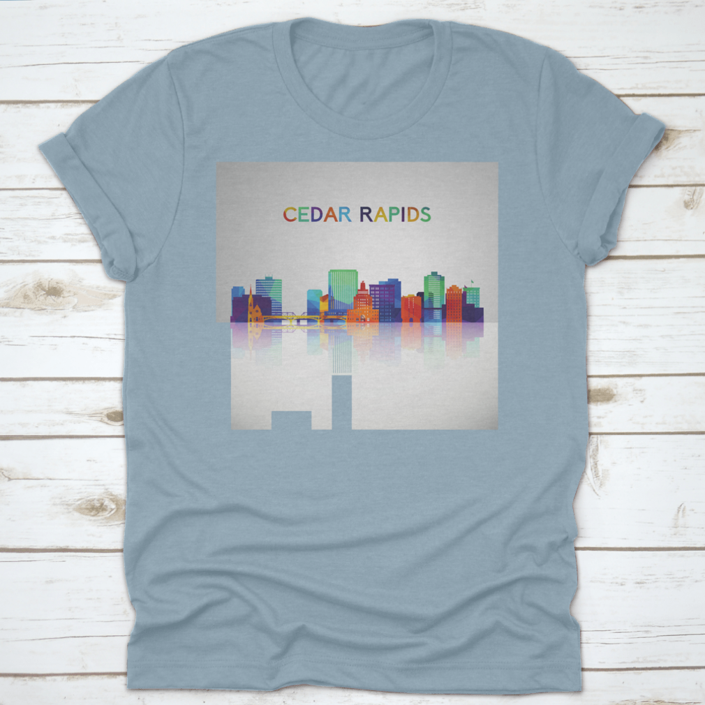 Colorful geometric style Cedar Rapids skyline silhouette on a cotton shirt, showcasing vibrant colors and modern design.