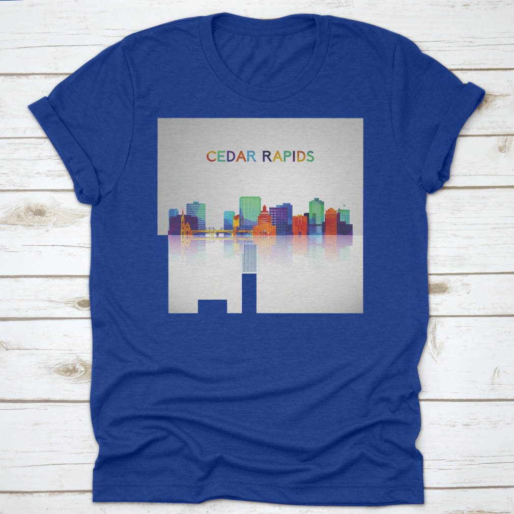 Colorful geometric style Cedar Rapids skyline silhouette on a cotton shirt, showcasing vibrant colors and modern design.