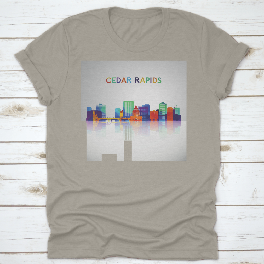 Colorful geometric style Cedar Rapids skyline silhouette on a cotton shirt, showcasing vibrant colors and modern design.