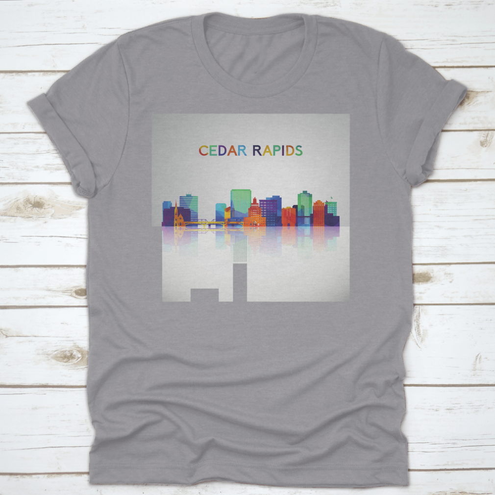 Colorful geometric style Cedar Rapids skyline silhouette on a cotton shirt, showcasing vibrant colors and modern design.