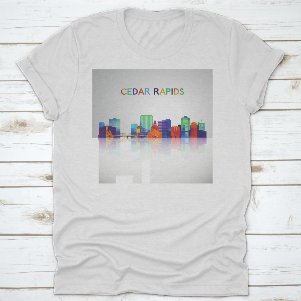 Colorful geometric style Cedar Rapids skyline silhouette on a cotton shirt, showcasing vibrant colors and modern design.